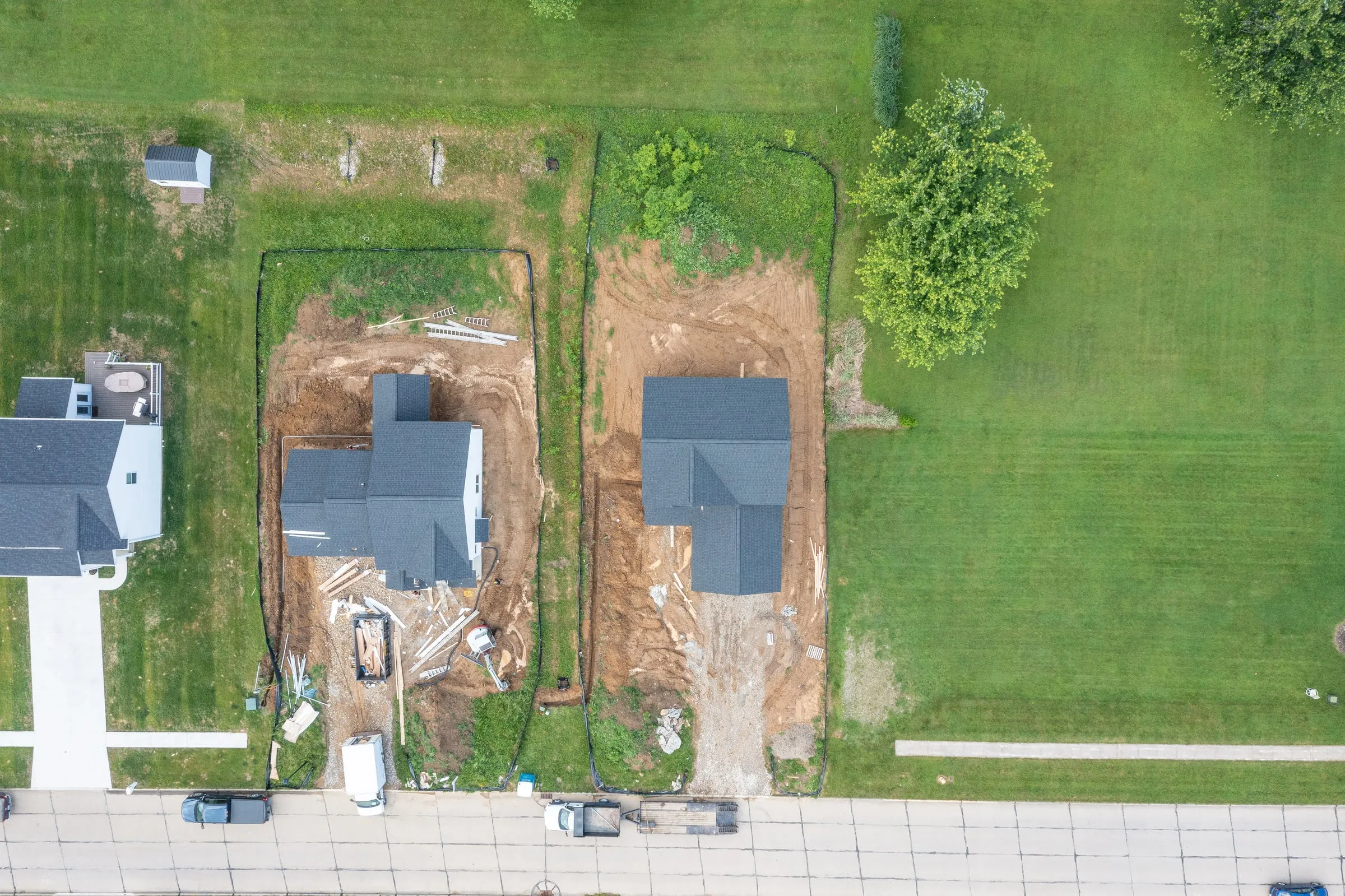 Two Hahn homes under construction, seen from above