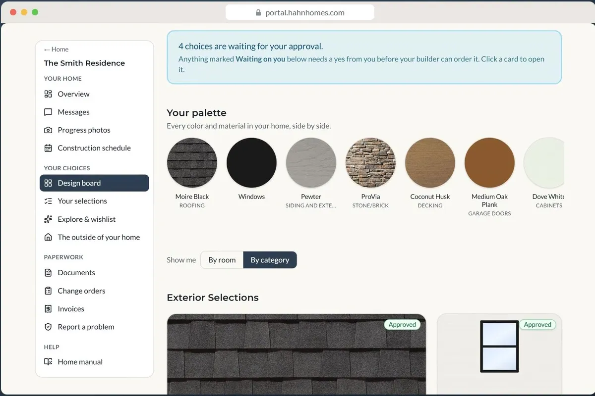 The design board, showing the palette for a home with roofing, window, siding, stone, decking and cabinet finishes side by side