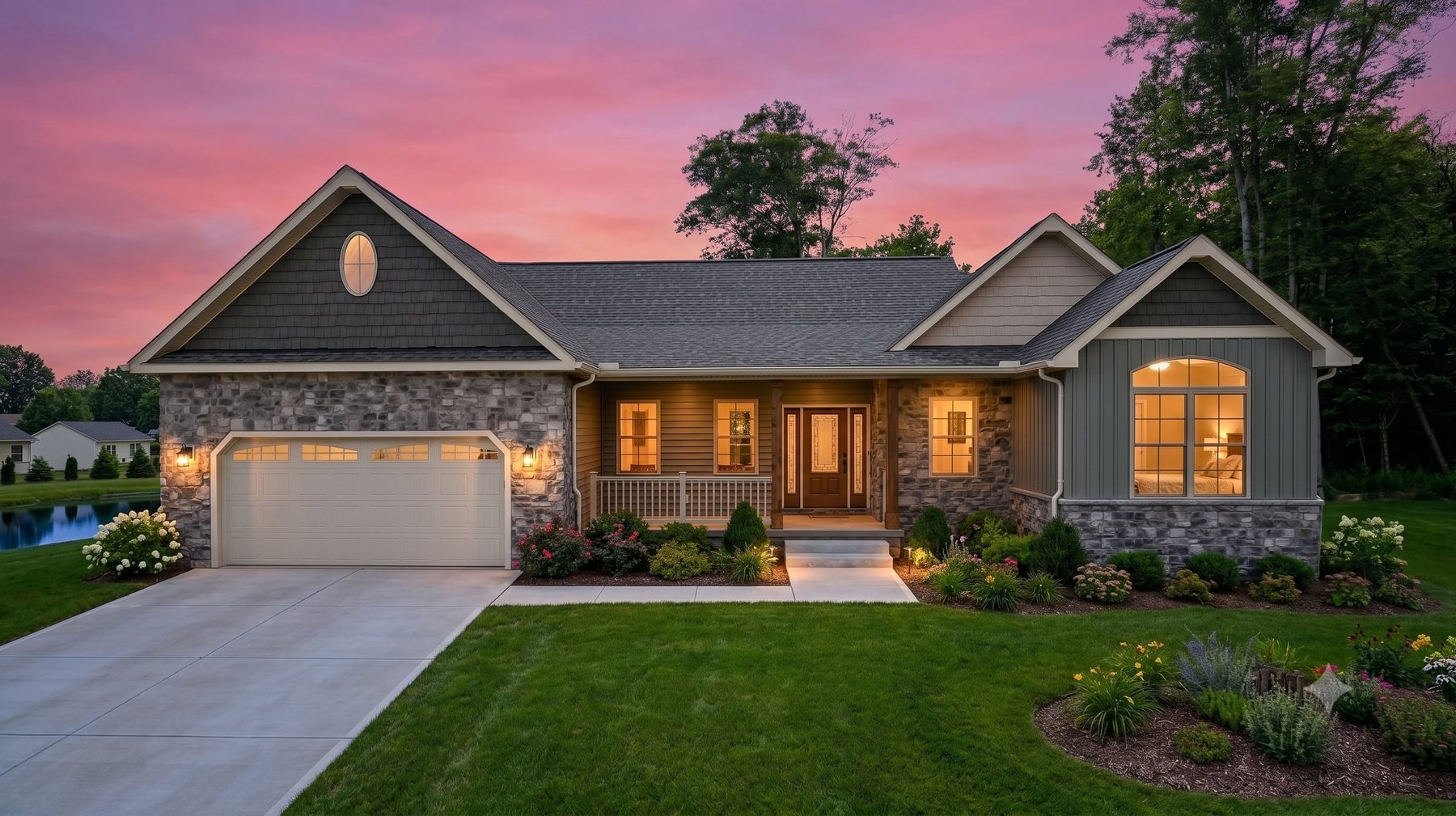 Stone-and-siding ranch home at dusk with warm light in the windows