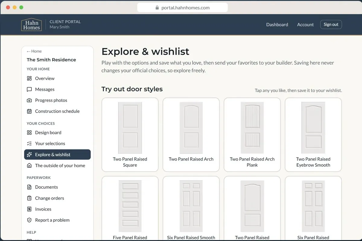 The explore and wishlist page, showing interior door styles you can tap to save