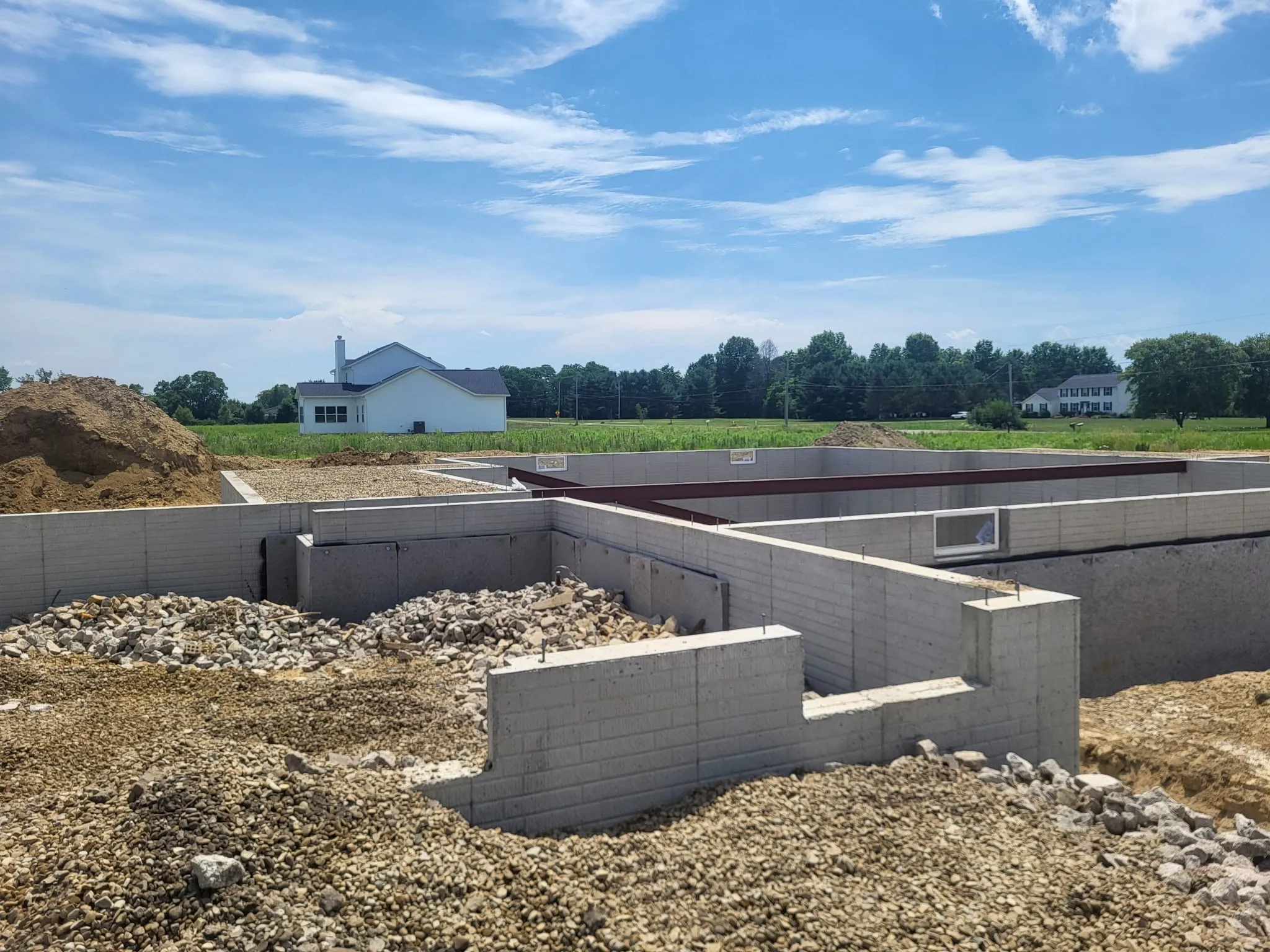 Foundation with steel beams in place