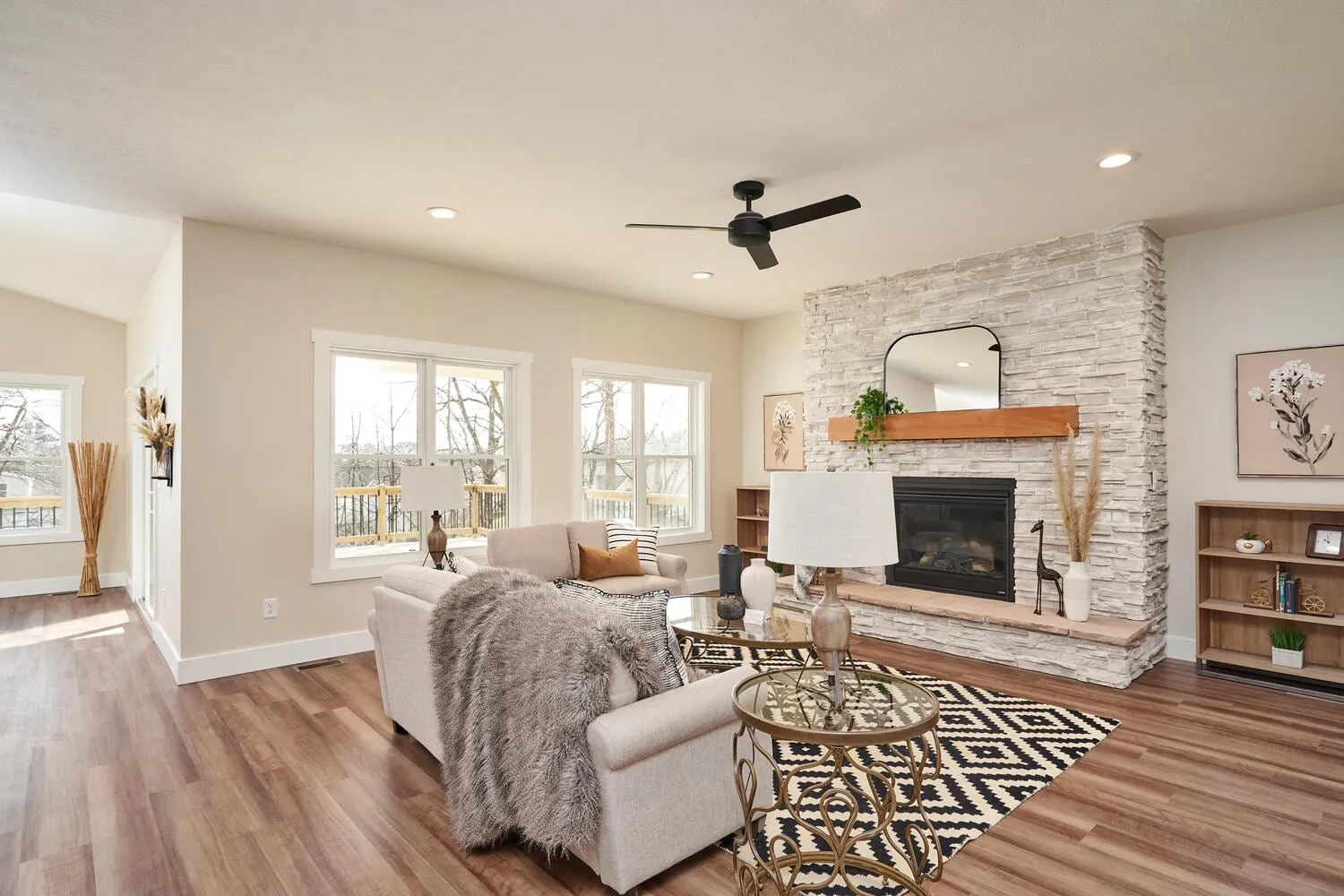 Furnished great room with vaulted ceiling