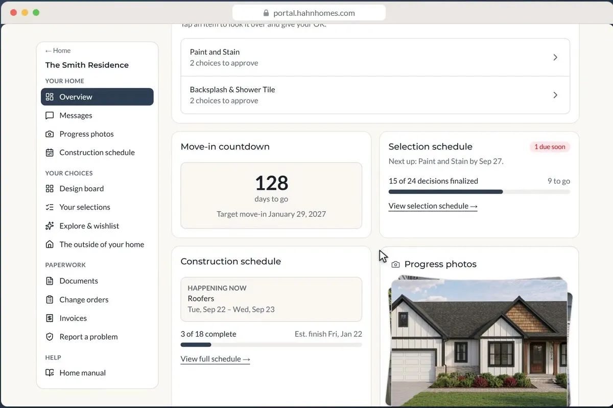 The portal dashboard: a move-in countdown, the selection schedule, what is happening now on site, and the latest progress photo